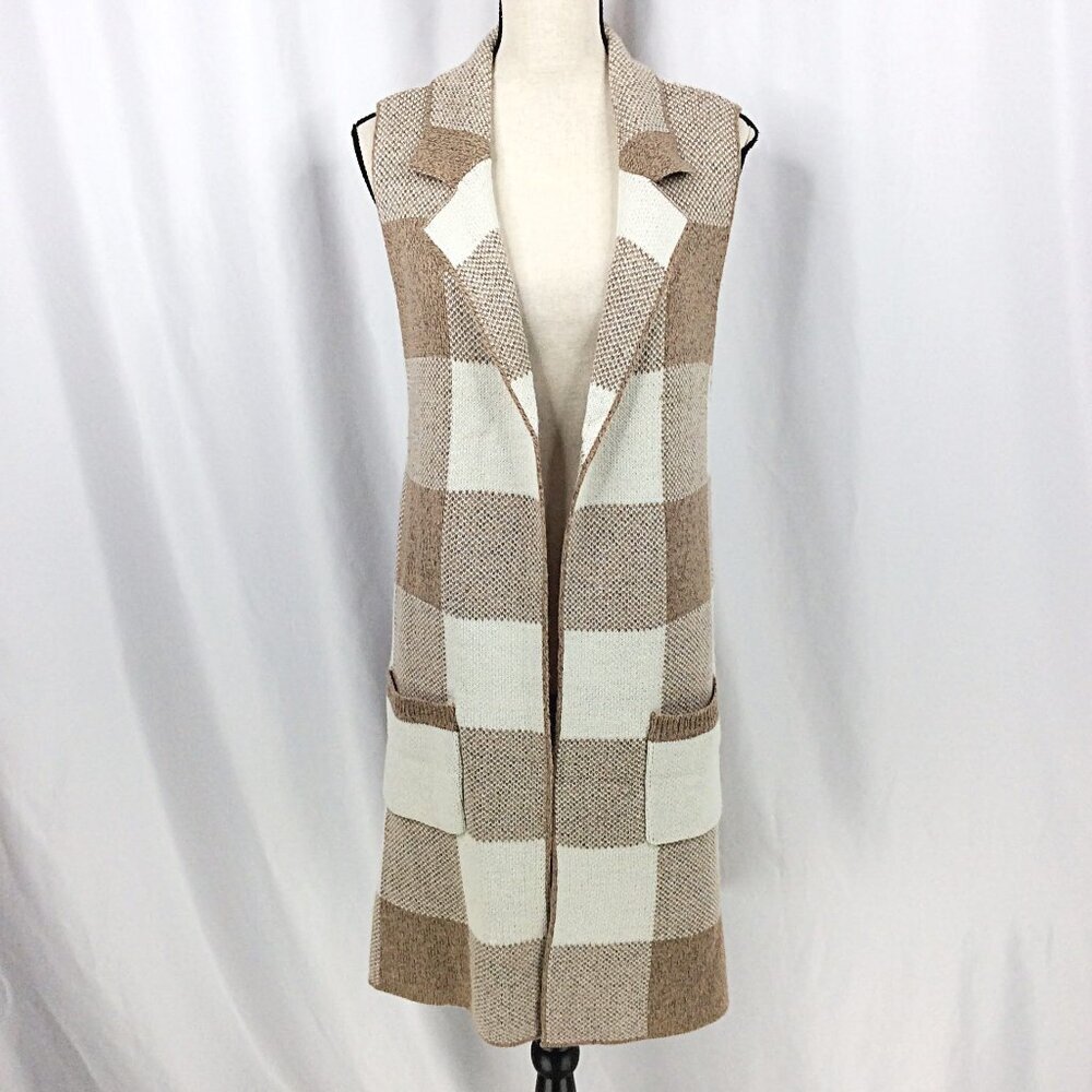 Love Tree Collared Sweater Vest Women Size Medium Beige Plaid Pockets Sleeveless